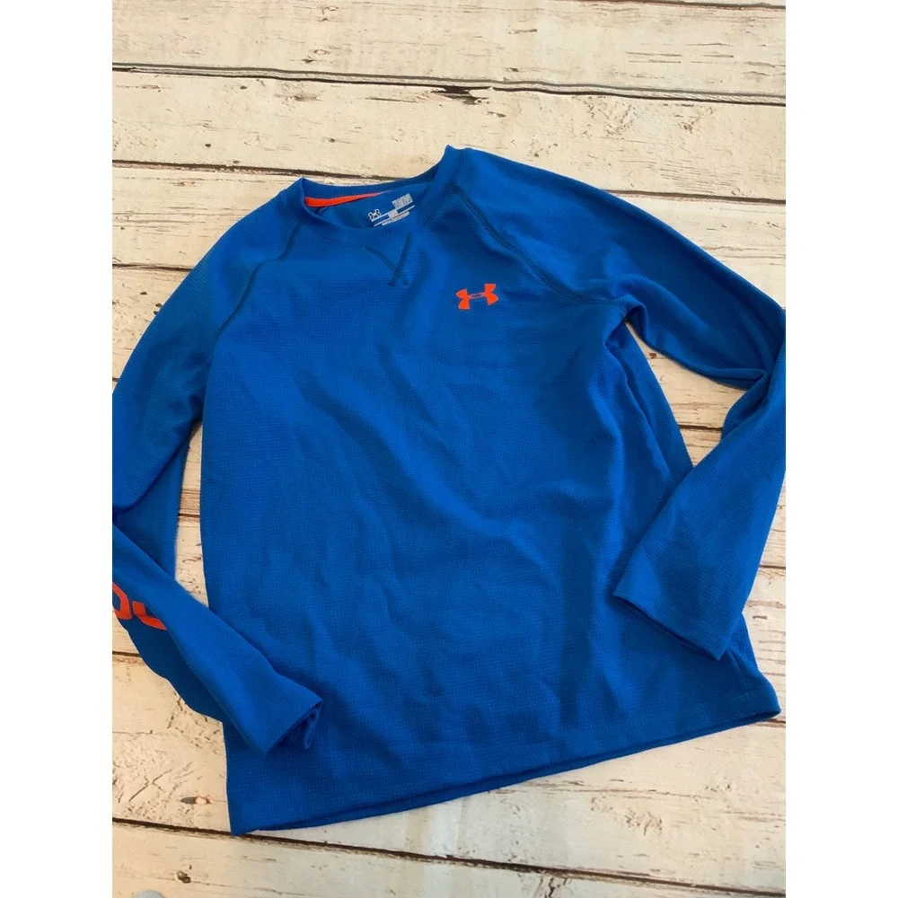 Under Armour Boys Blue Orange AllSeasonGear Long Sleeve Shirt Youth Large YLG